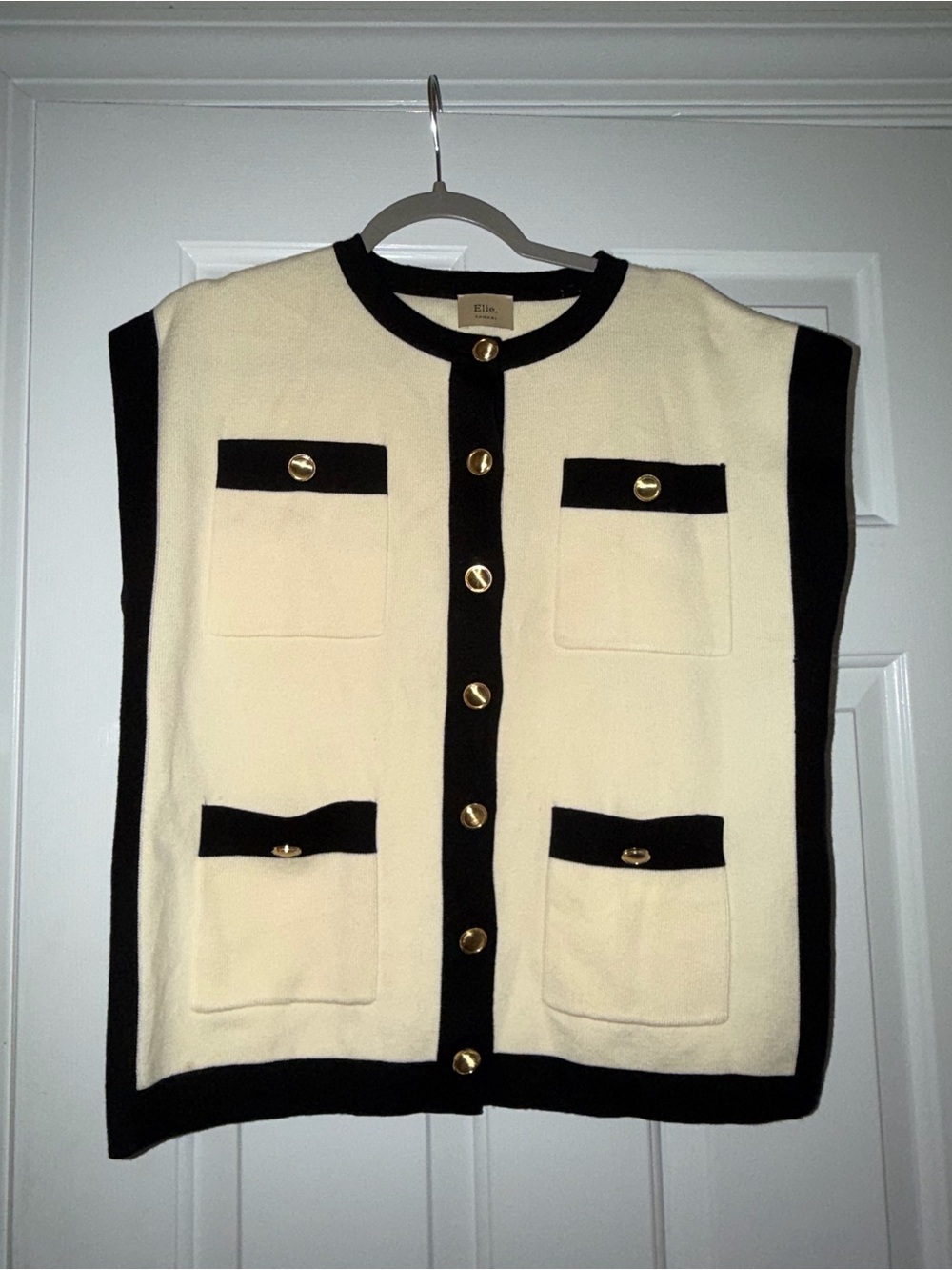 Tahari Cream and Black Button-Front Vest with Gold Buttons